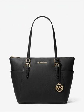 NWT Michael Kors Charlotte Large Zip Top Leather Tote Bag Black MK⁠